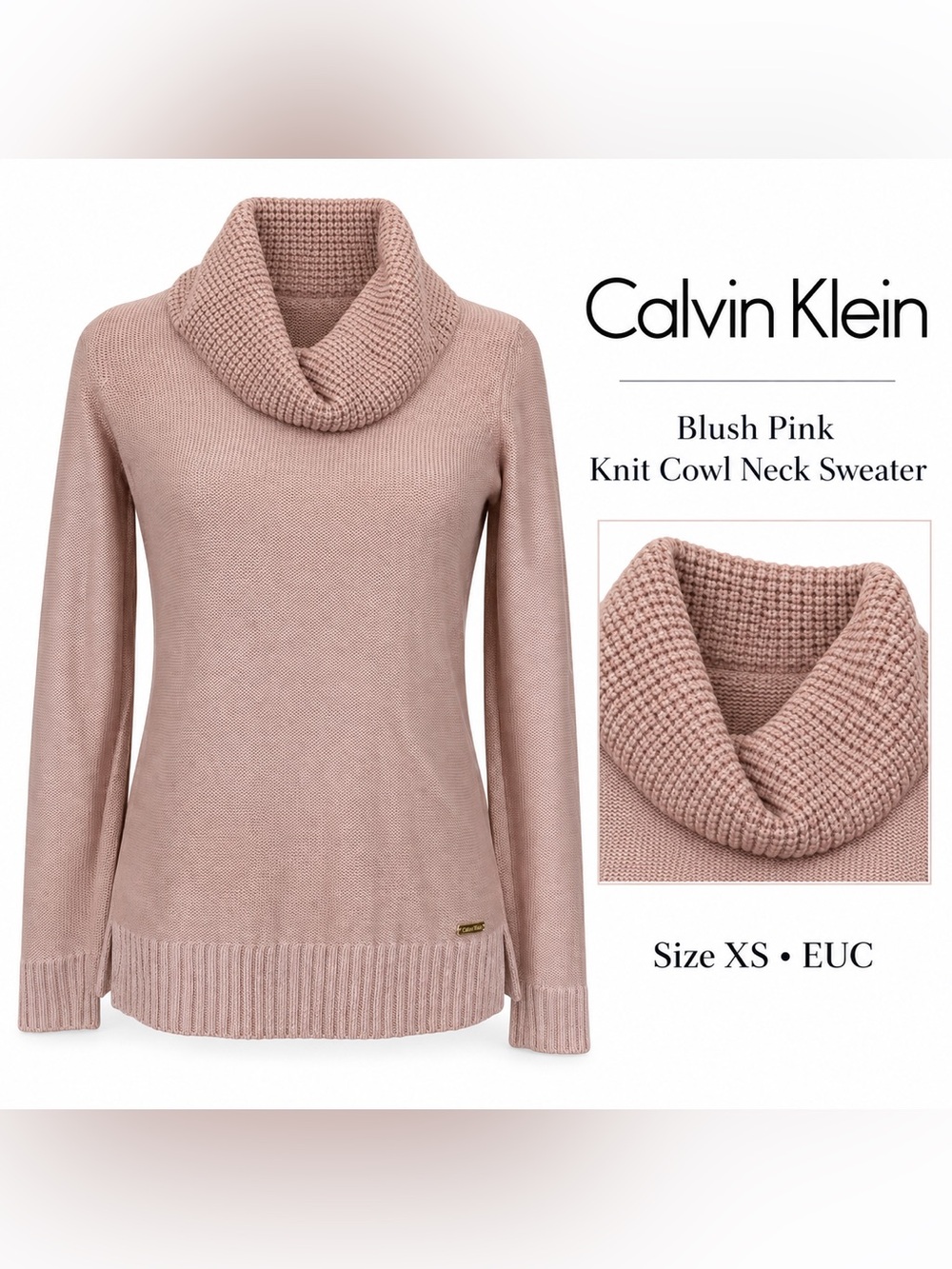 Calvin Klein Blush Pink Knit Cowl Neck Sweater Size XS EUC